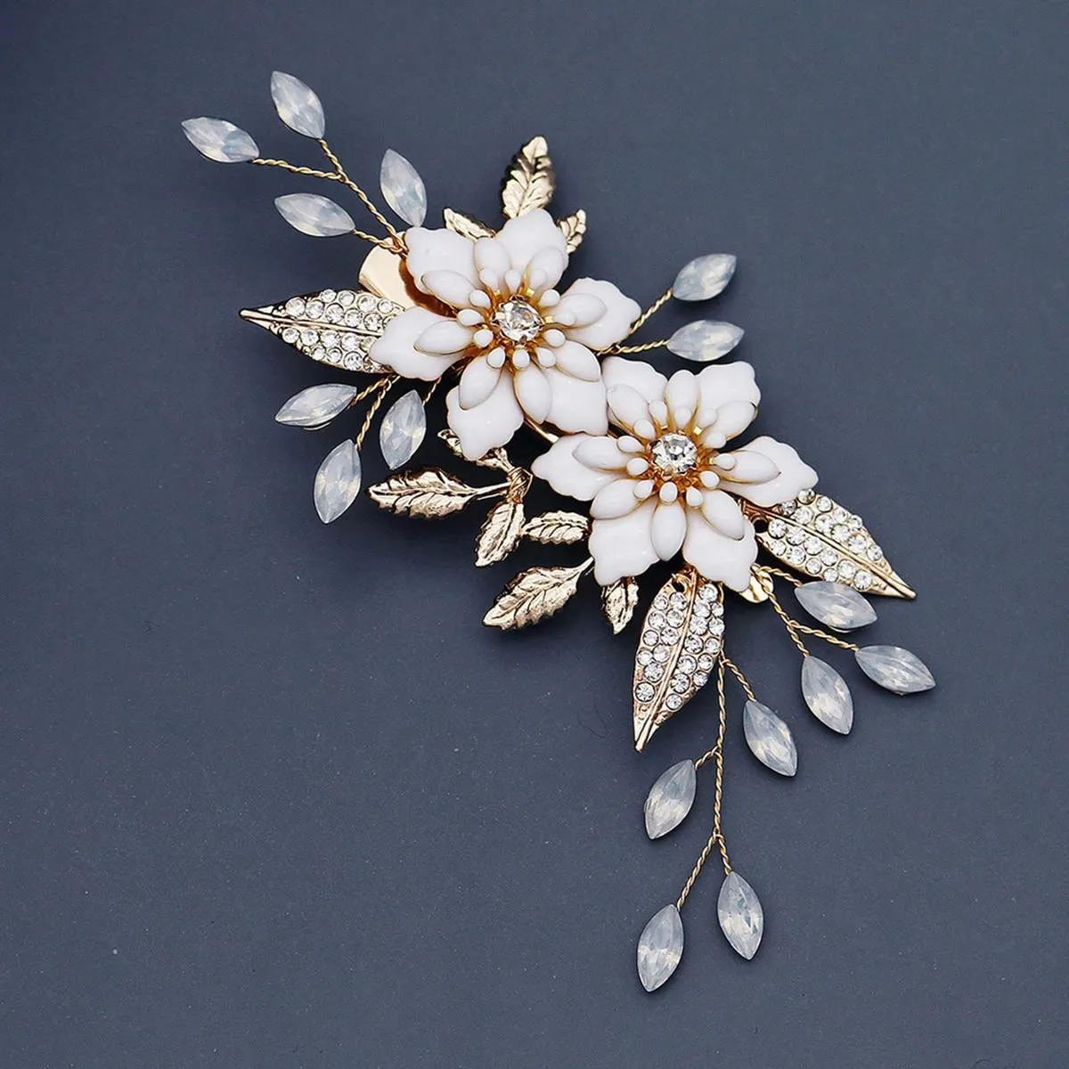 1pc Elegant Women's Hair Clip With Oil Drop Flower, Rhinestone, Alloy Leaf Decoration For Wedding And Party, Beautiful Hair Accessory