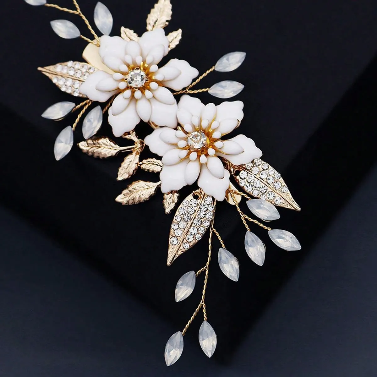 1pc Elegant Women's Hair Clip With Oil Drop Flower, Rhinestone, Alloy Leaf Decoration For Wedding And Party, Beautiful Hair Accessory