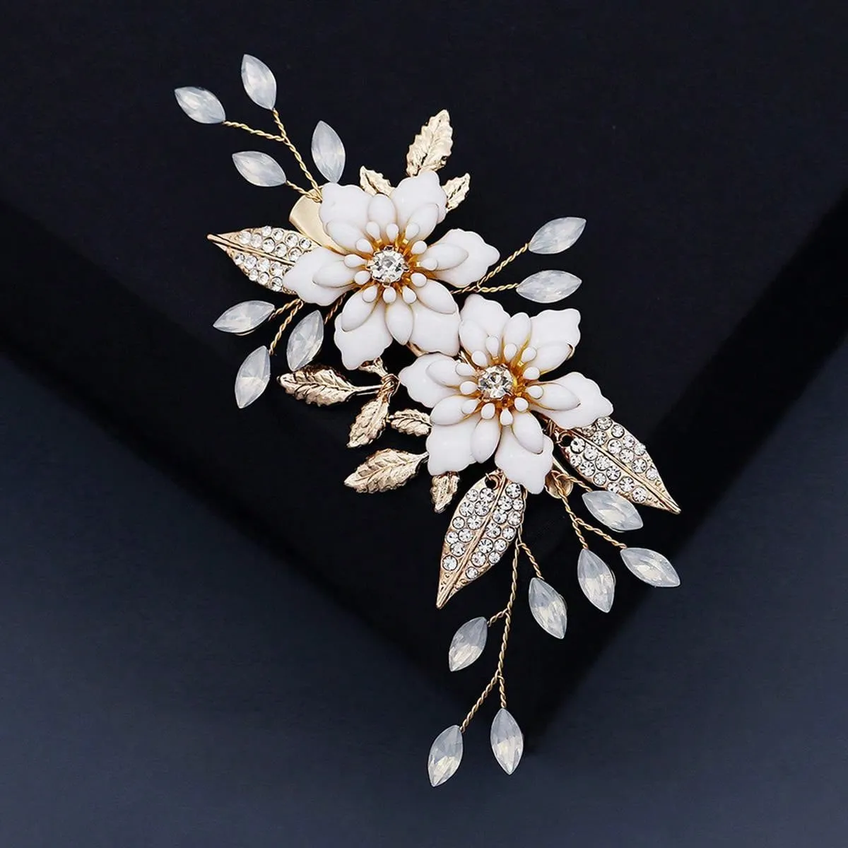 1pc Elegant Women's Hair Clip With Oil Drop Flower, Rhinestone, Alloy Leaf Decoration For Wedding And Party, Beautiful Hair Accessory