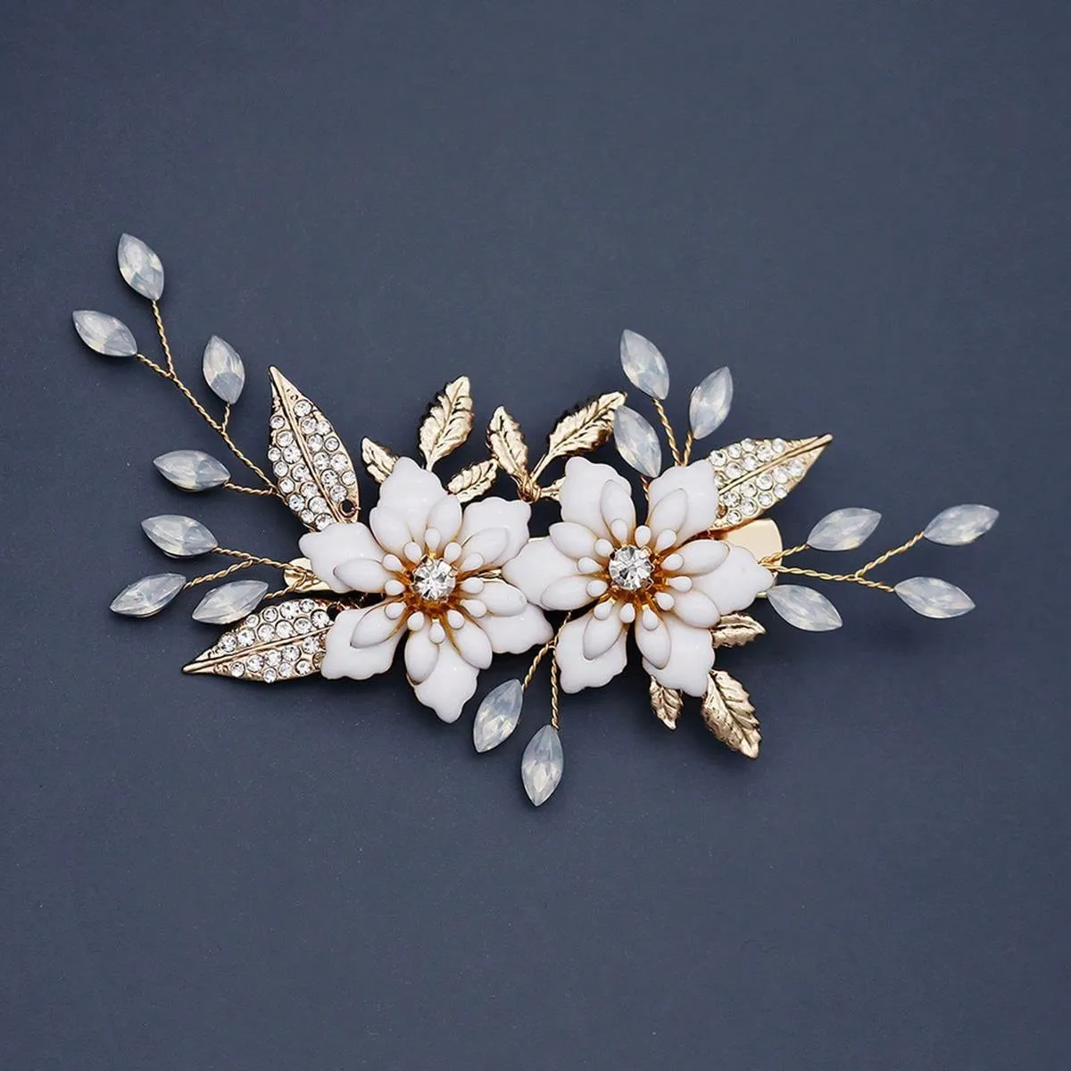 1pc Elegant Women's Hair Clip With Oil Drop Flower, Rhinestone, Alloy Leaf Decoration For Wedding And Party, Beautiful Hair Accessory