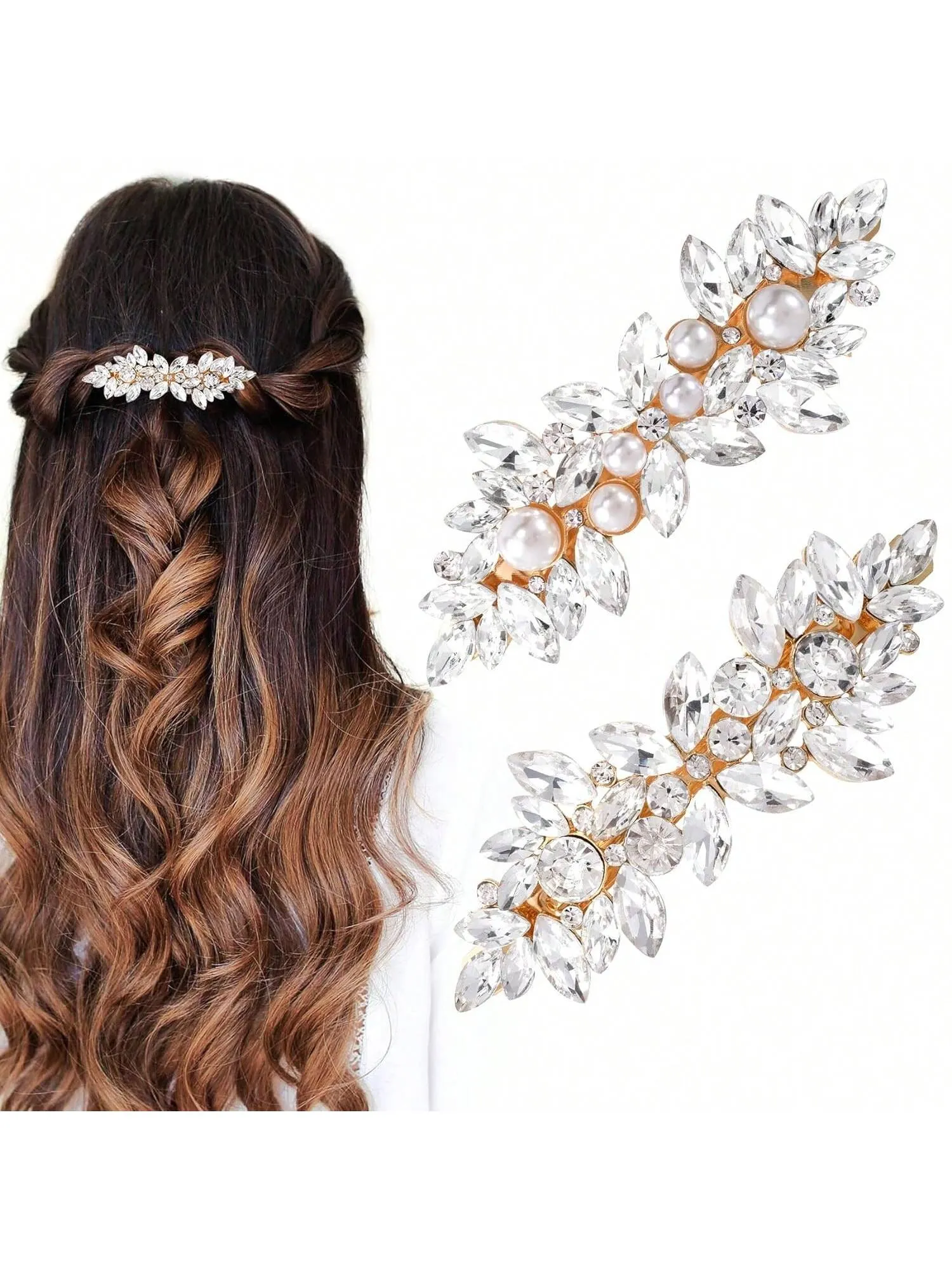 2Pcs Rhinestone Hair Clips Sparkly Crystal Pearl Hair Barrettes Fancy Hair Pin Wedding Prom Valentines Dance Accessories For Thick Long Hair Bride Women Girls Tiaras