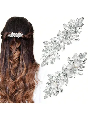 2Pcs Rhinestone Hair Clips Sparkly Crystal Pearl Hair Barrettes Fancy Hair Pin Wedding Prom Valentines Dance Accessories For Thick Long Hair Bride Women Girls Tiaras