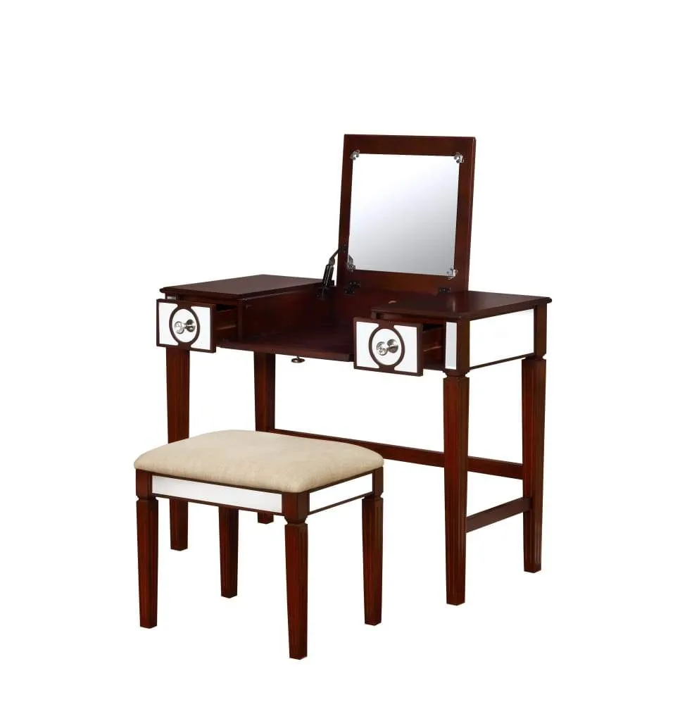 40 Inch 2 Piece Vanity Desk Set, Flip Top Mirror, Padded Stool, Cherry Brown