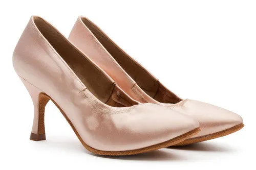 BD Dance 107 Ladies Tan Satin Ballroom Dance Shoe with Elasticized Throat