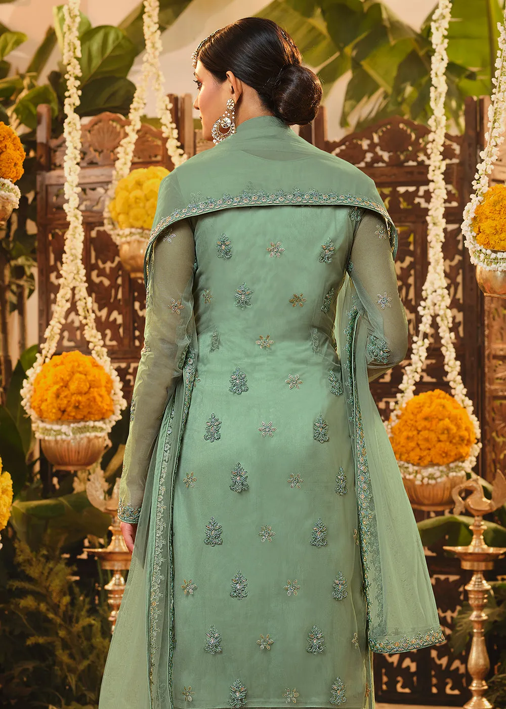 Beautiful Sea Green Embroidered Designer Jacket Style Suit