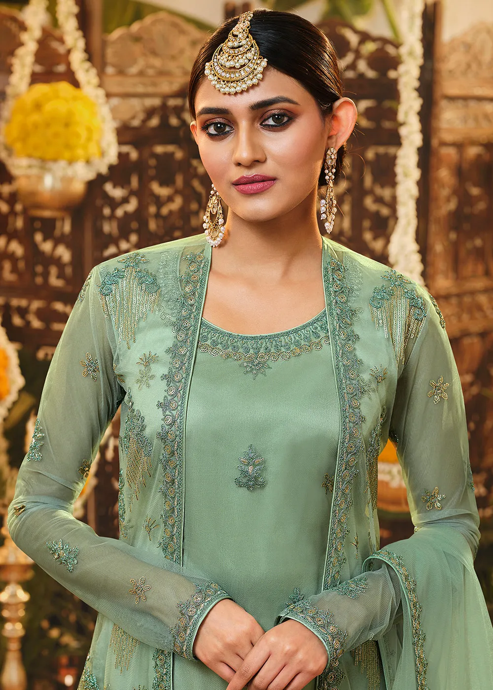 Beautiful Sea Green Embroidered Designer Jacket Style Suit