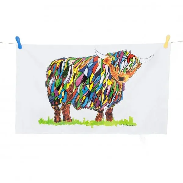 BRIGHT HIGHLAND COW TEA TOWEL ON WHITE