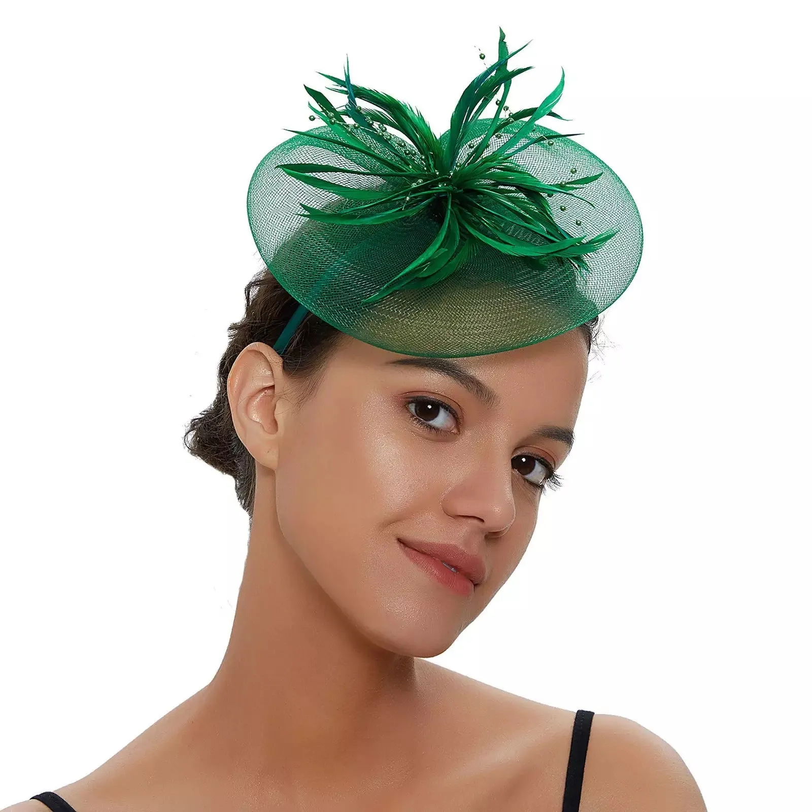 Crinoline and Feather Headband Fascinator - Emerald Green