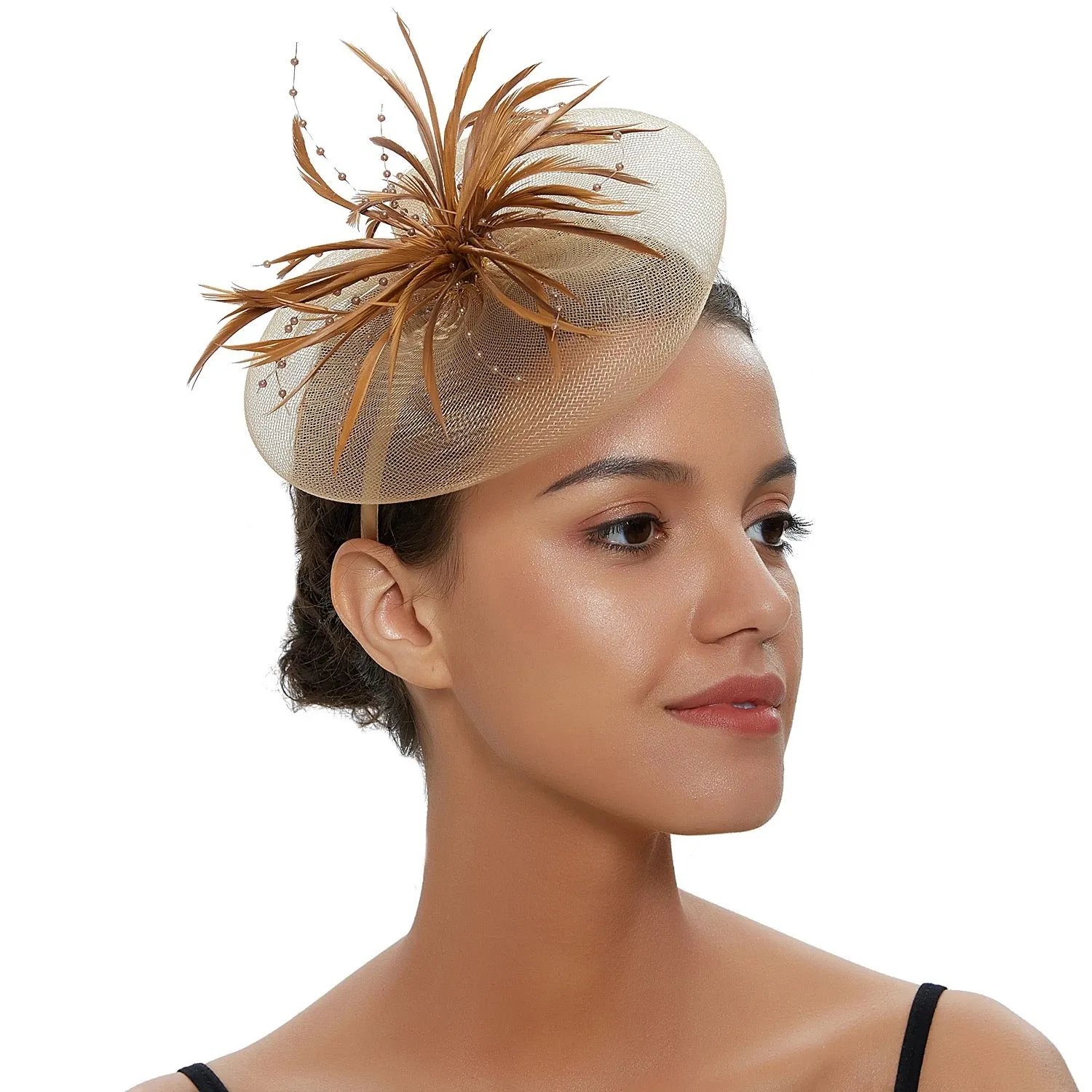 Crinoline and Feather Headband Fascinator - Gold