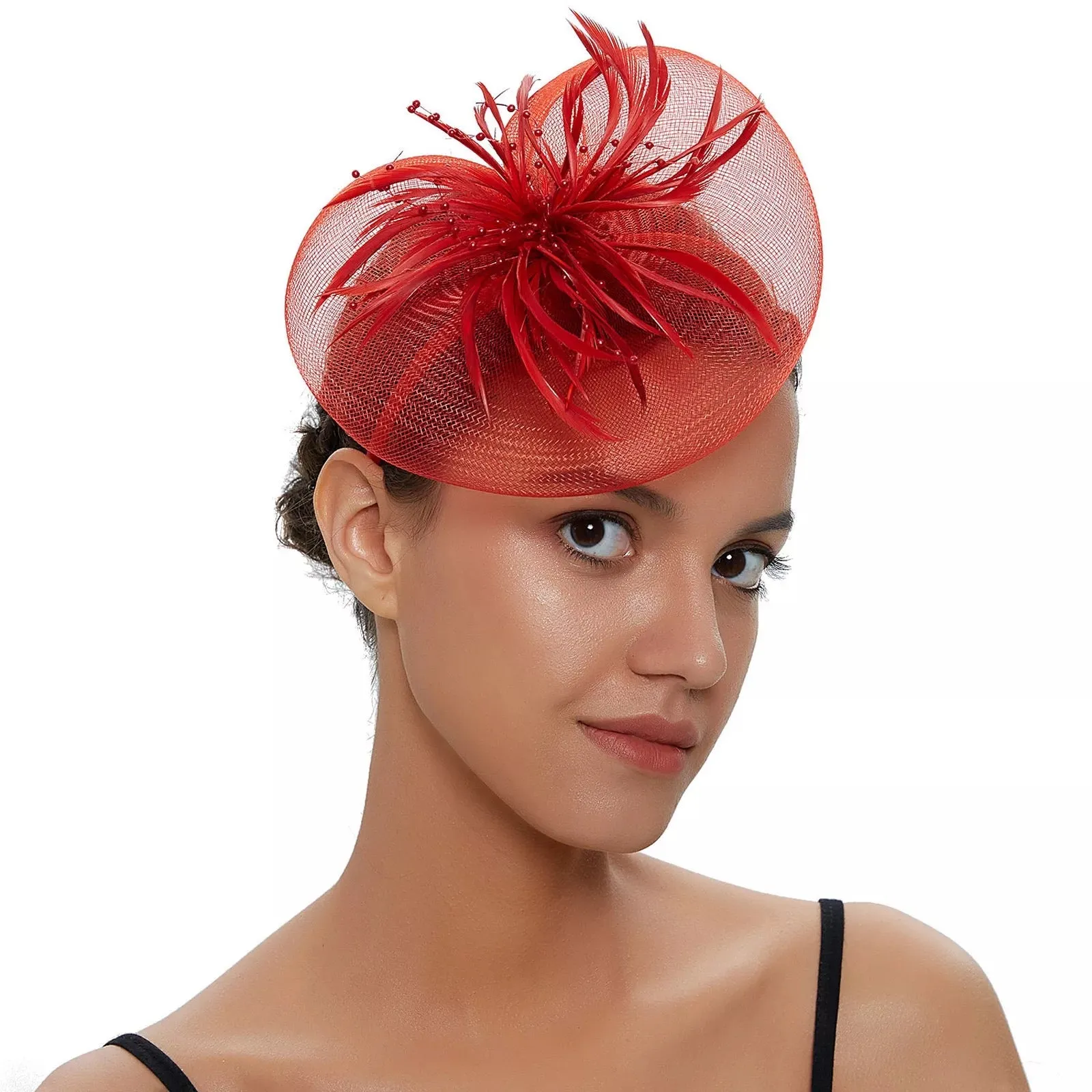 Crinoline and Feather Headband Fascinator - Red