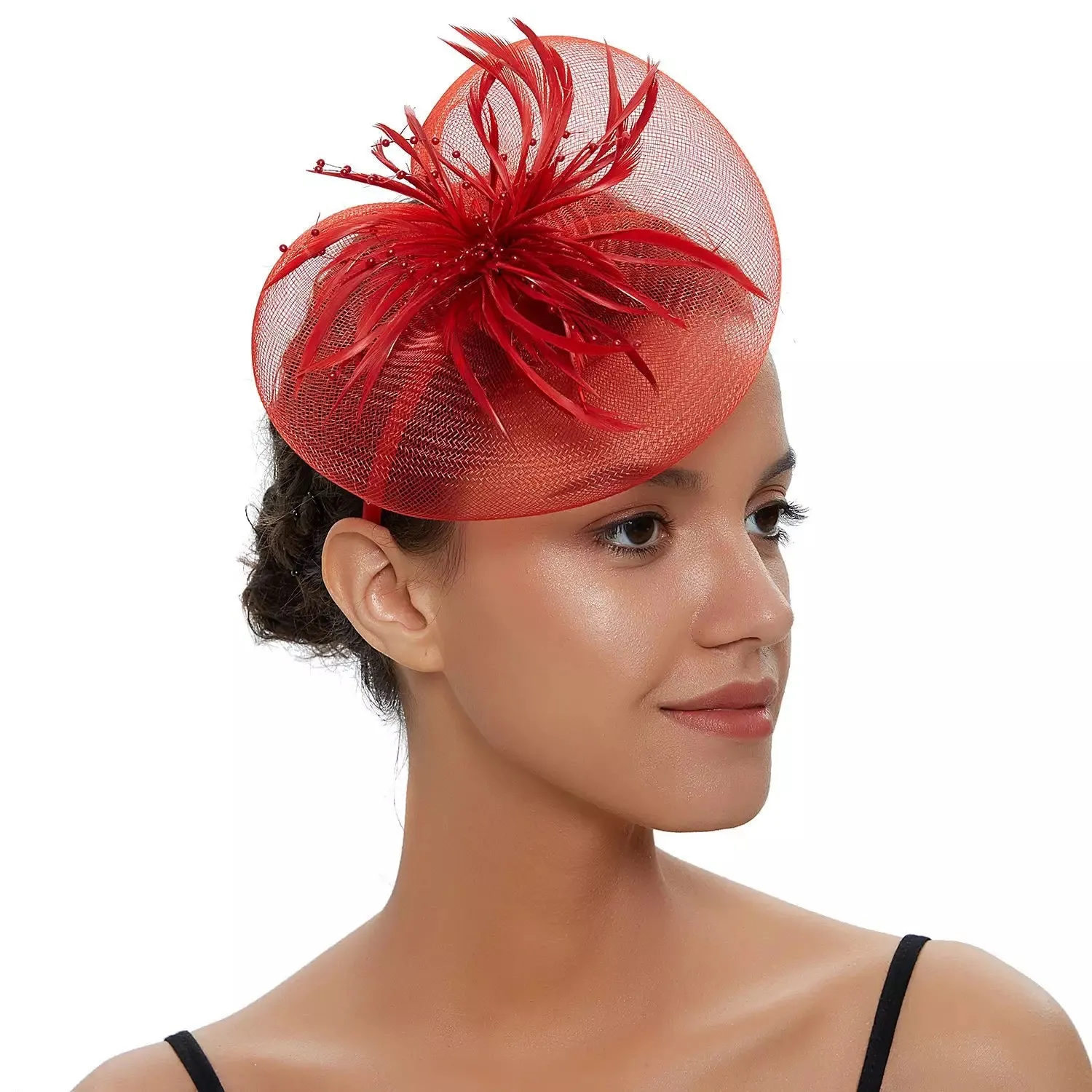 Crinoline and Feather Headband Fascinator - Red