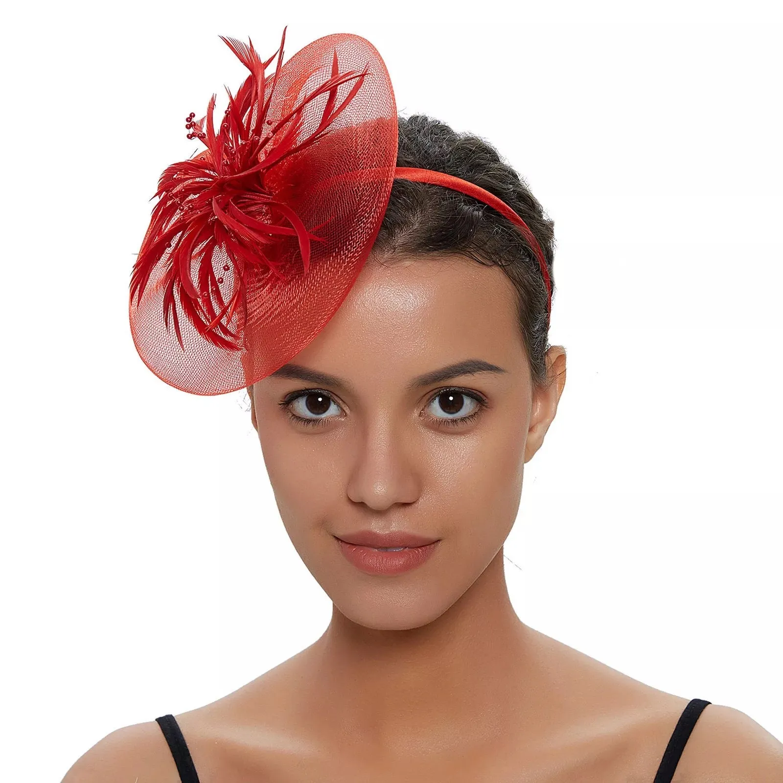 Crinoline and Feather Headband Fascinator - Red