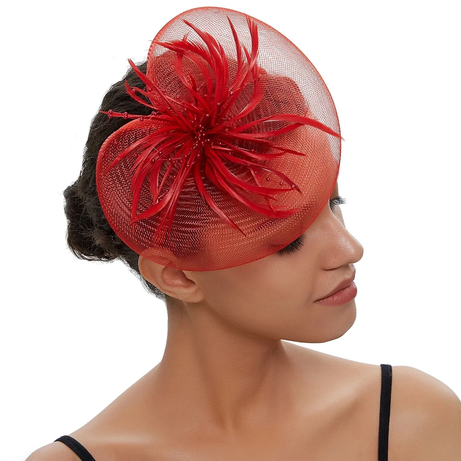 Crinoline and Feather Headband Fascinator - Red