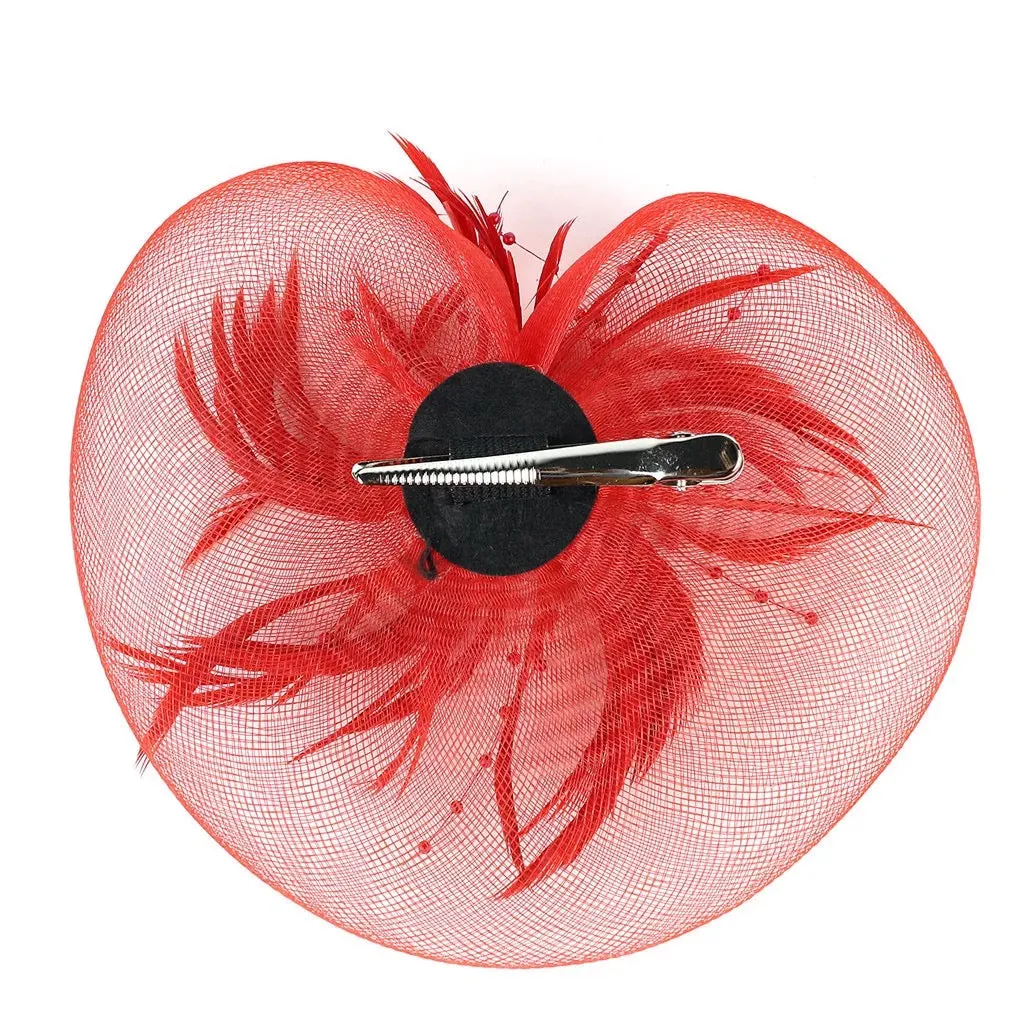 Crinoline and Feather Headband Fascinator - Red