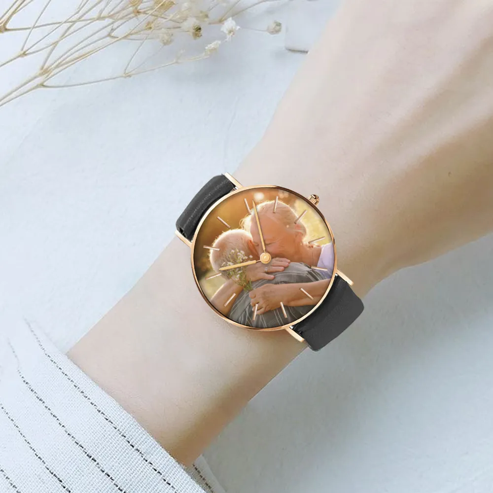 Customizable Picture Watch Women's Golden & Silver Pointers Leather Quartz Watches