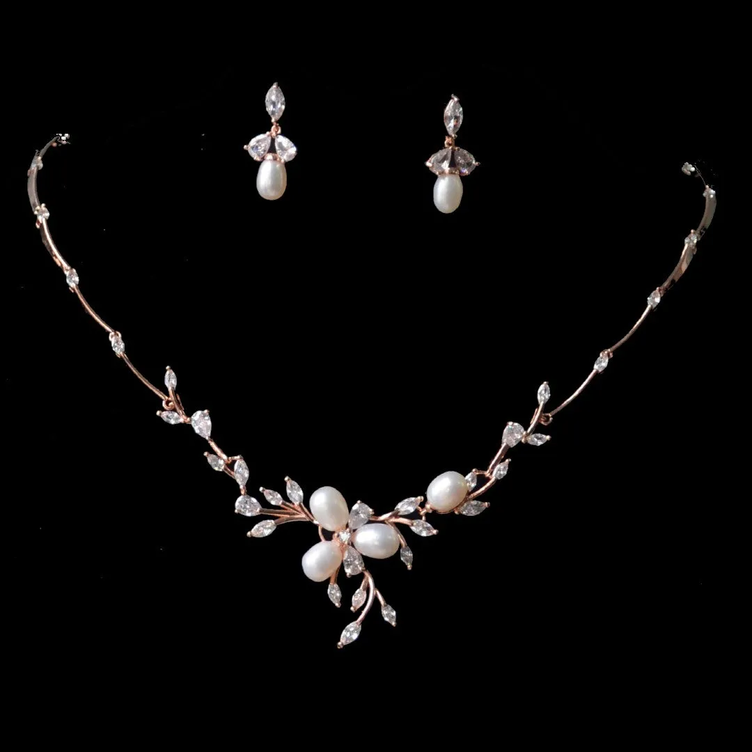 Elegant Floral Pearl & Crystal Bridal Jewellery Set, Cubic Zirconia Necklace and Earrings Set