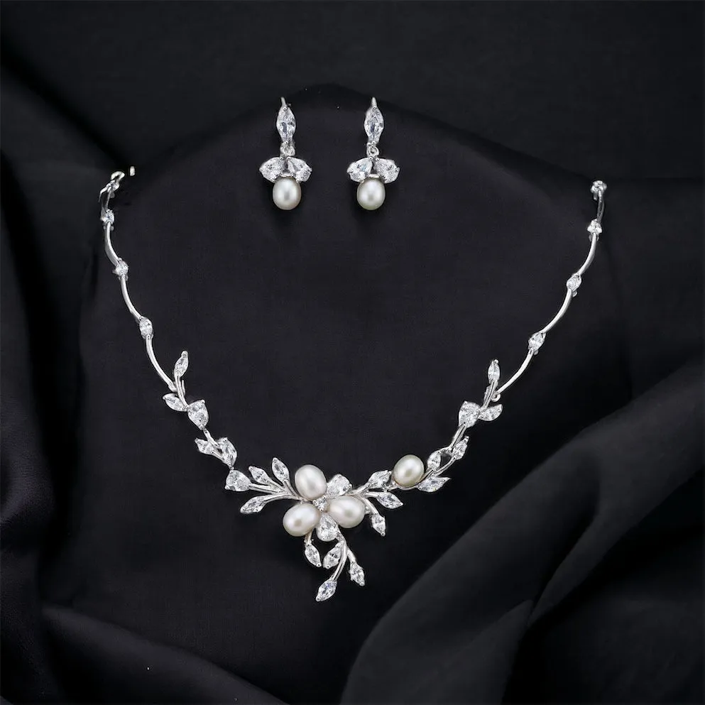 Elegant Floral Pearl & Crystal Bridal Jewellery Set, Cubic Zirconia Necklace and Earrings Set