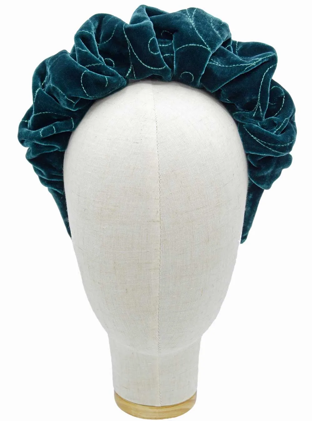 Embroidered silk velvet - handmade gathered crown in peacock teal