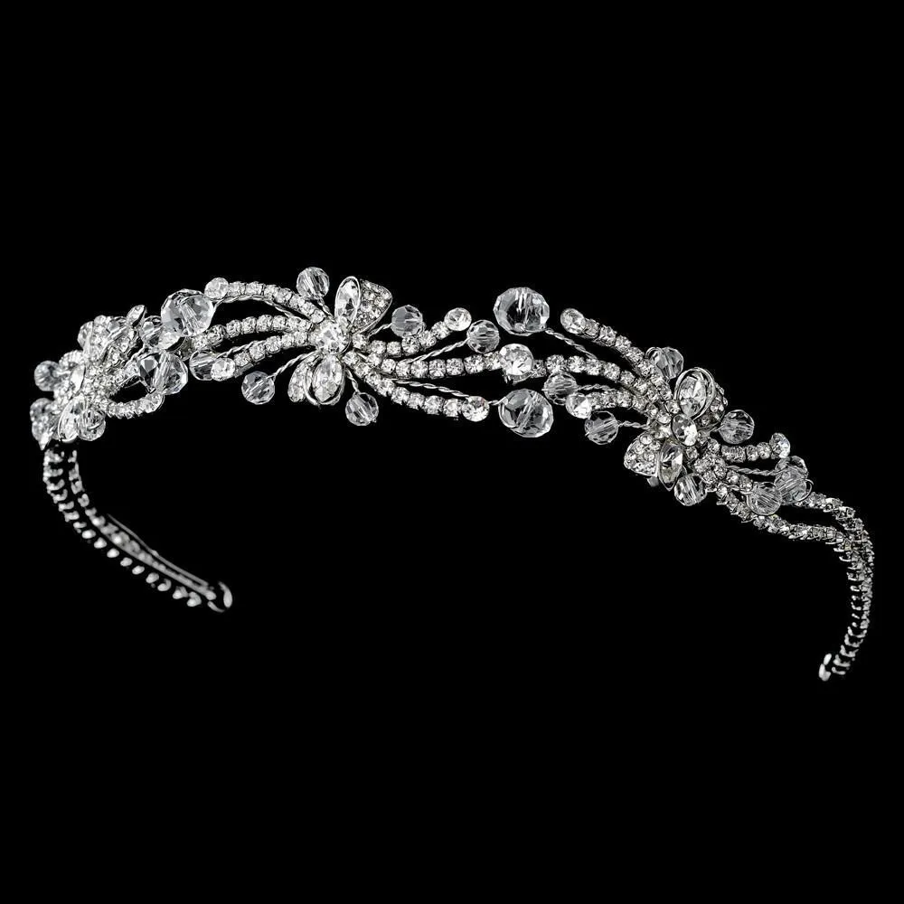 Floral Rhodium Flower Crystal Spray Headpiece