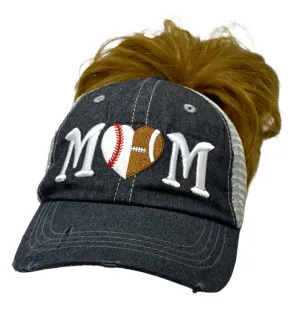 Football Baseball Heart Half Football Mom Half Baseball MESSY BUN HIGH PONYTAIL MOM Mesh Embroidered MESH Hat Baseball Football Mom Trucker Cap Trucker Hat -317