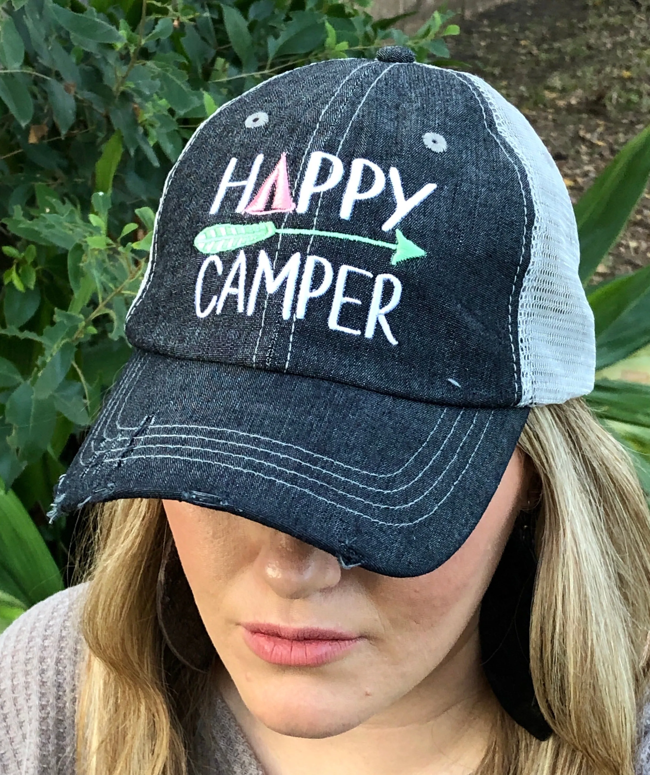 Happy Camper Distressed Trucker Hat