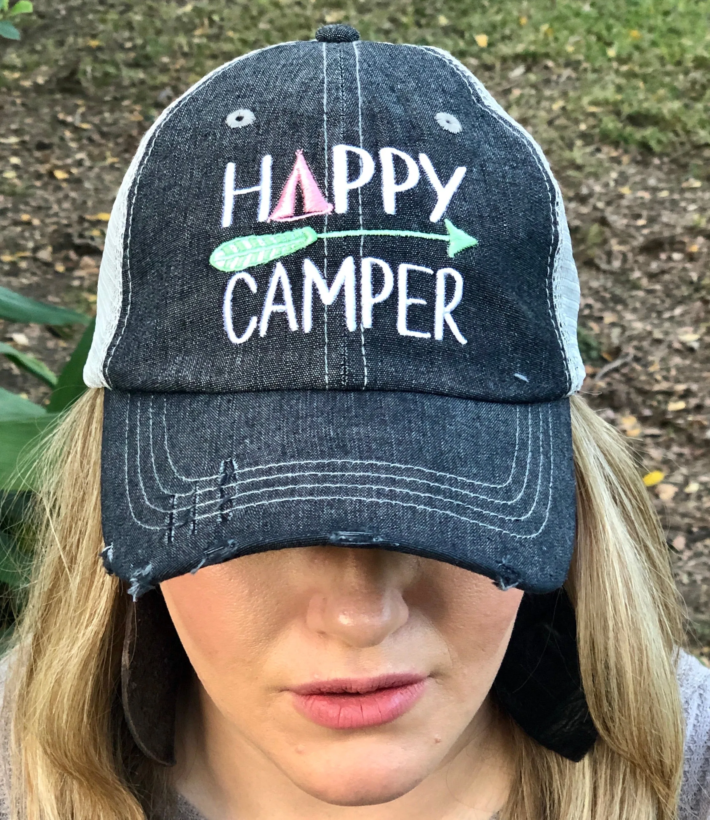 Happy Camper Distressed Trucker Hat