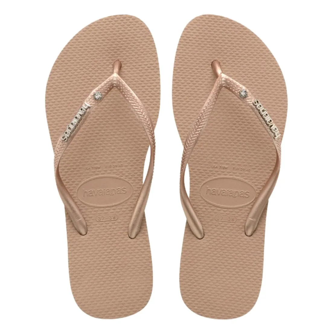 Havaianas Womens Slim Metal Logo & Crystal Flip Flop Sandals - Rose Gold