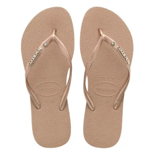 Havaianas Womens Slim Metal Logo & Crystal Flip Flop Sandals - Rose Gold