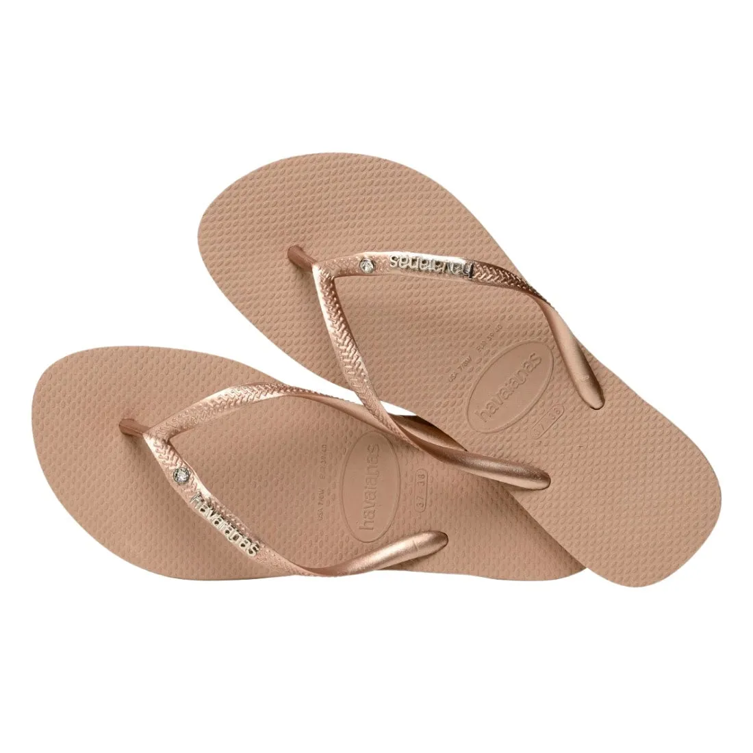 Havaianas Womens Slim Metal Logo & Crystal Flip Flop Sandals - Rose Gold