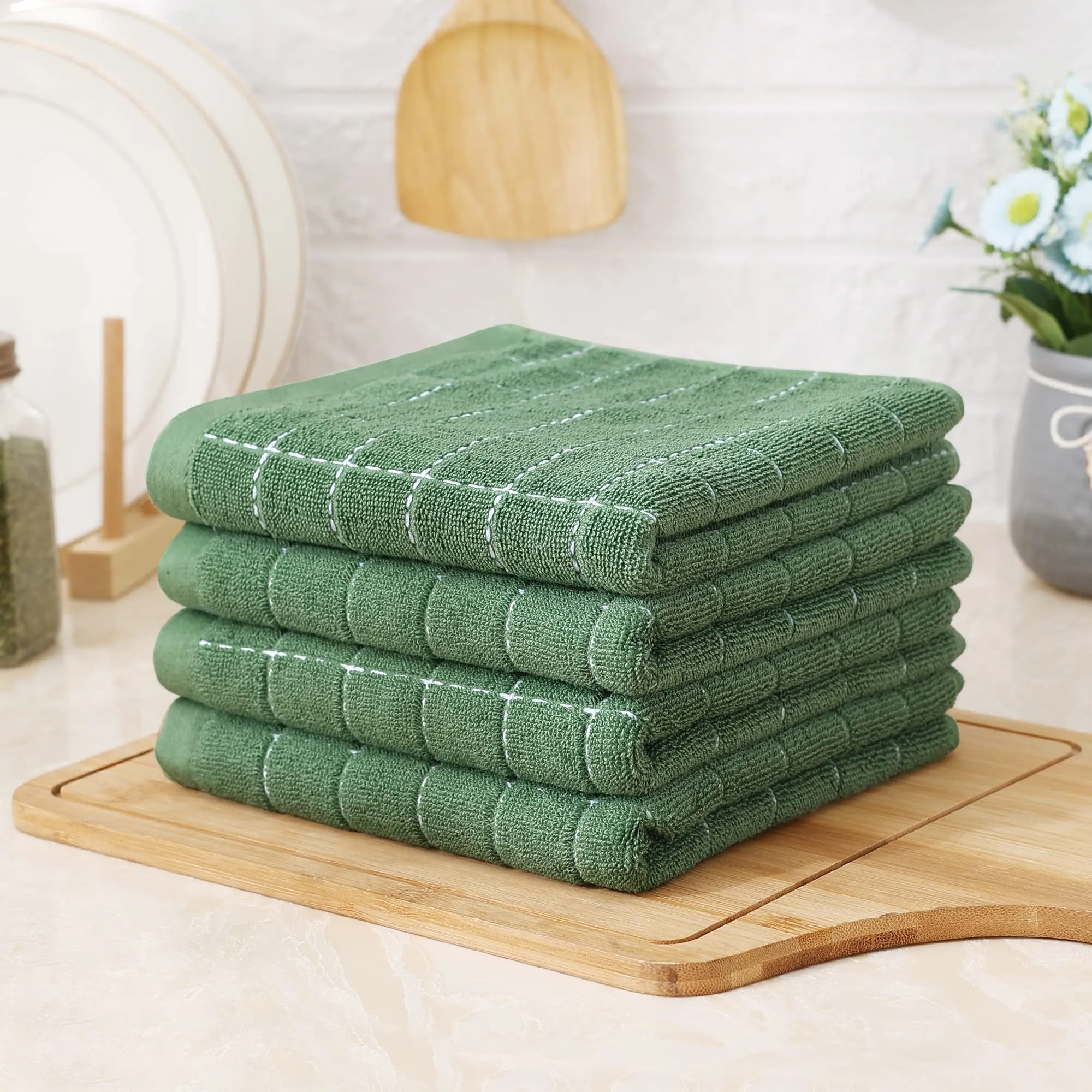 Homaxy 100% Cotton Terry Kitchen Towels(Grass Green, 13 x 28 inches), Checkered Designed, Soft and Super Absorbent Dish Towels, 4 Pack