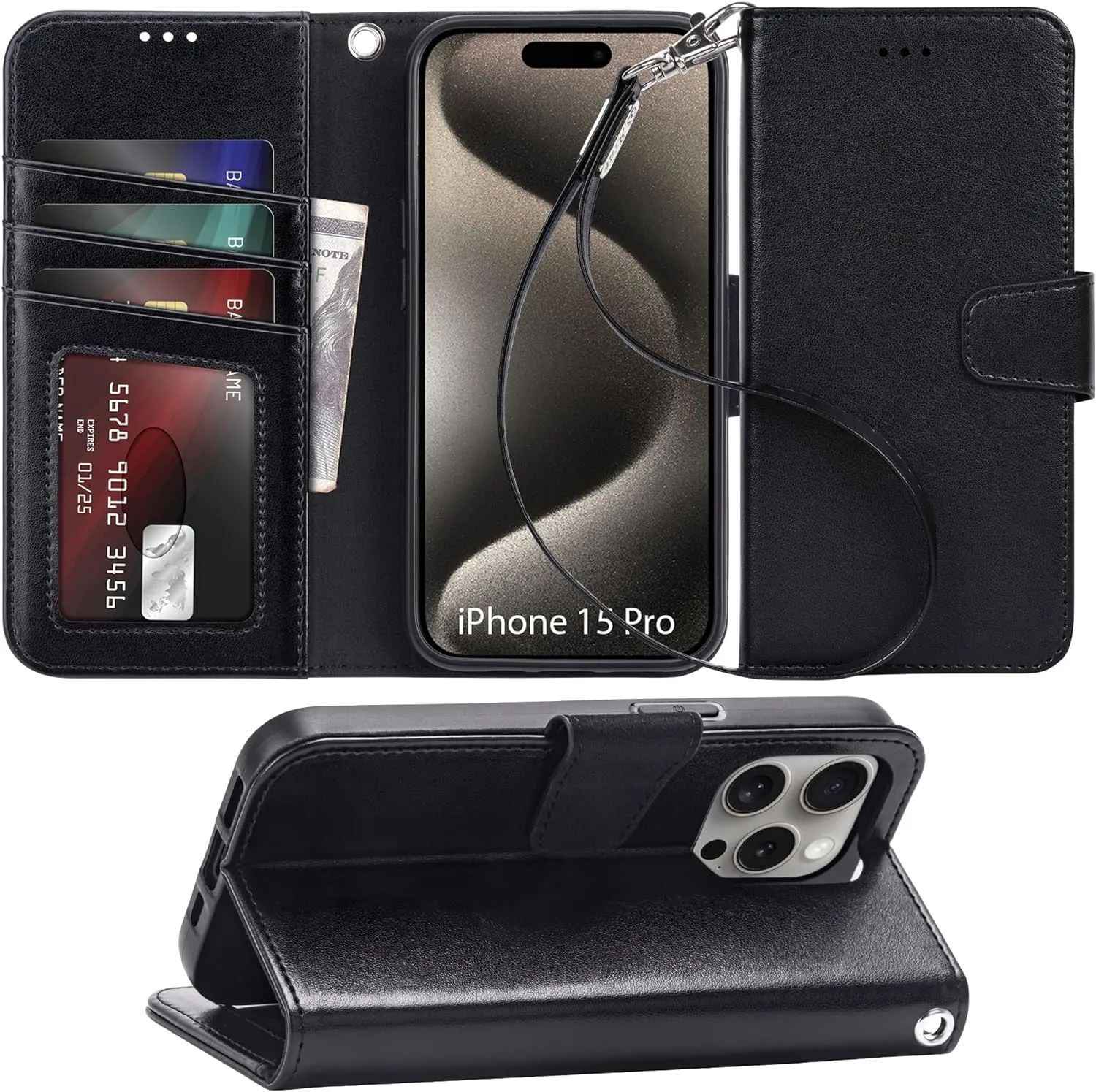 iPhone 16 Pro Max Case Card Holder Wrist Strap Wallet Flip Case