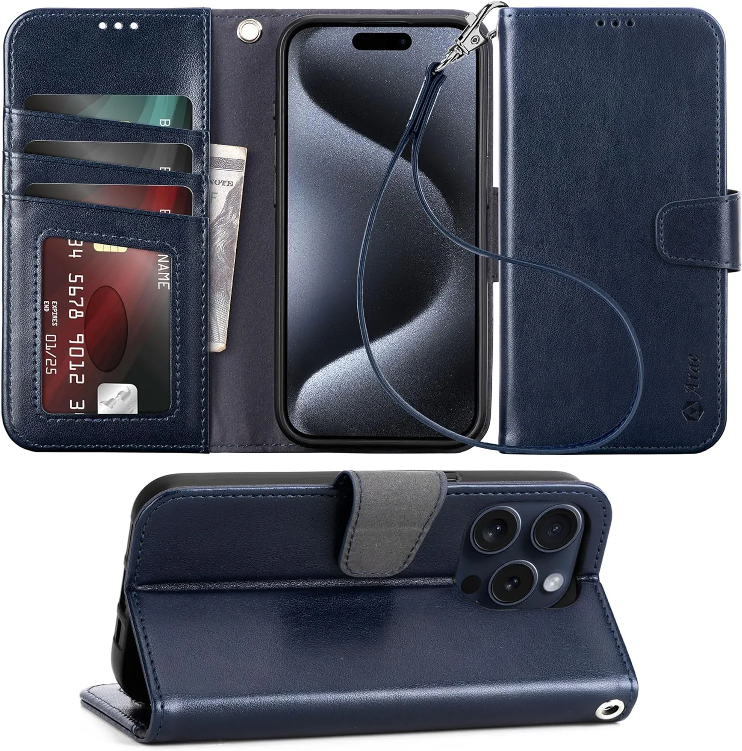 iPhone 16 Pro Max Case Card Holder Wrist Strap Wallet Flip Case