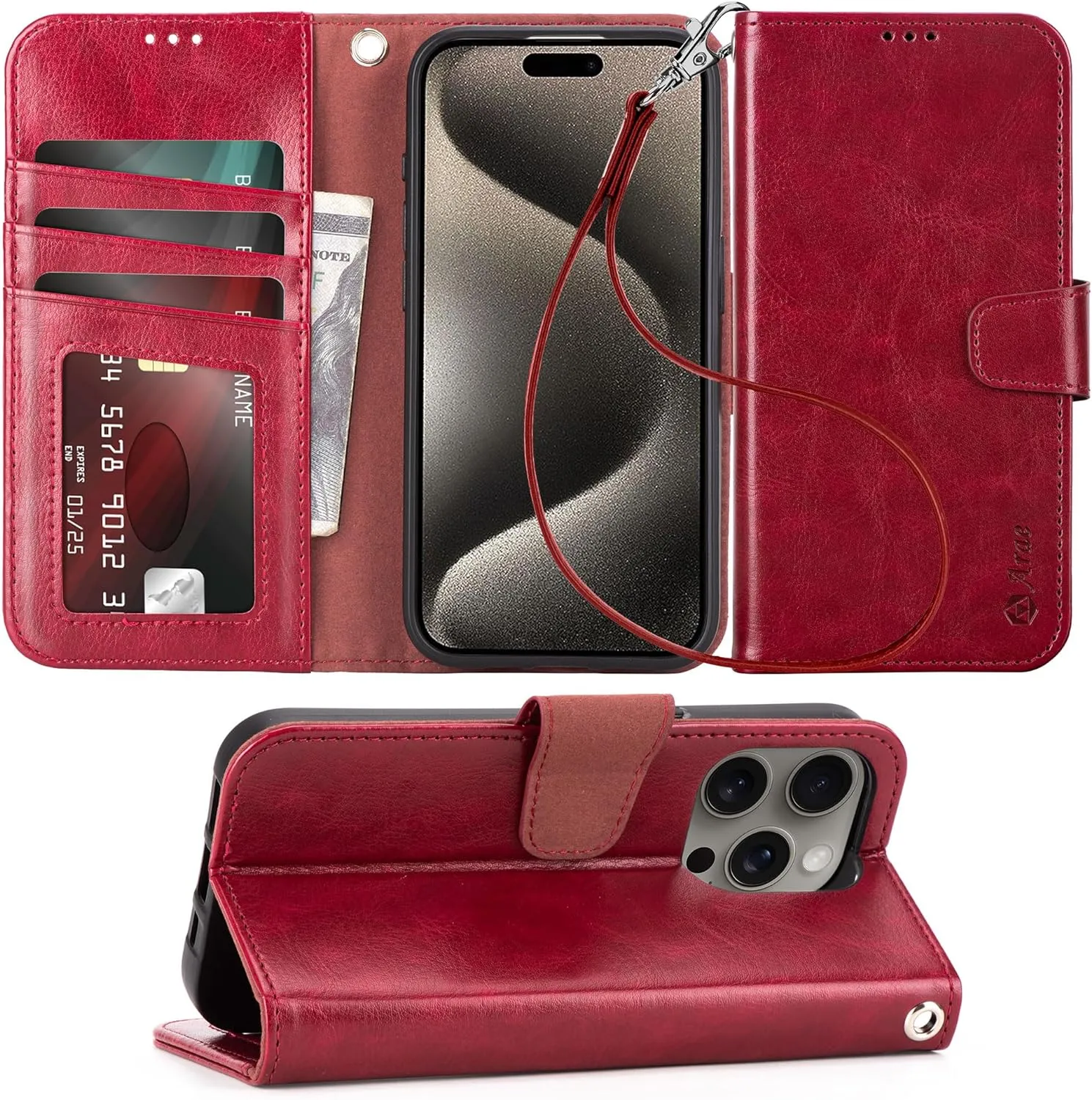 iPhone 16 Pro Max Case Card Holder Wrist Strap Wallet Flip Case