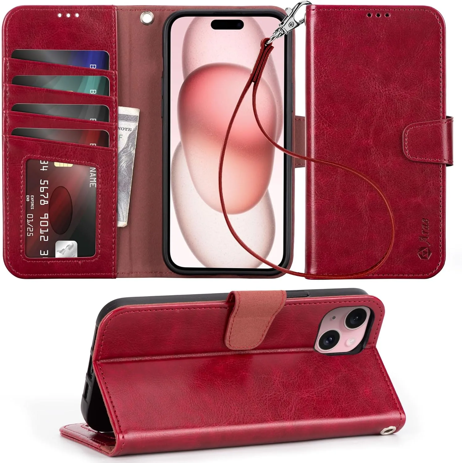 iPhone 16 Pro Max Case Card Holder Wrist Strap Wallet Flip Case