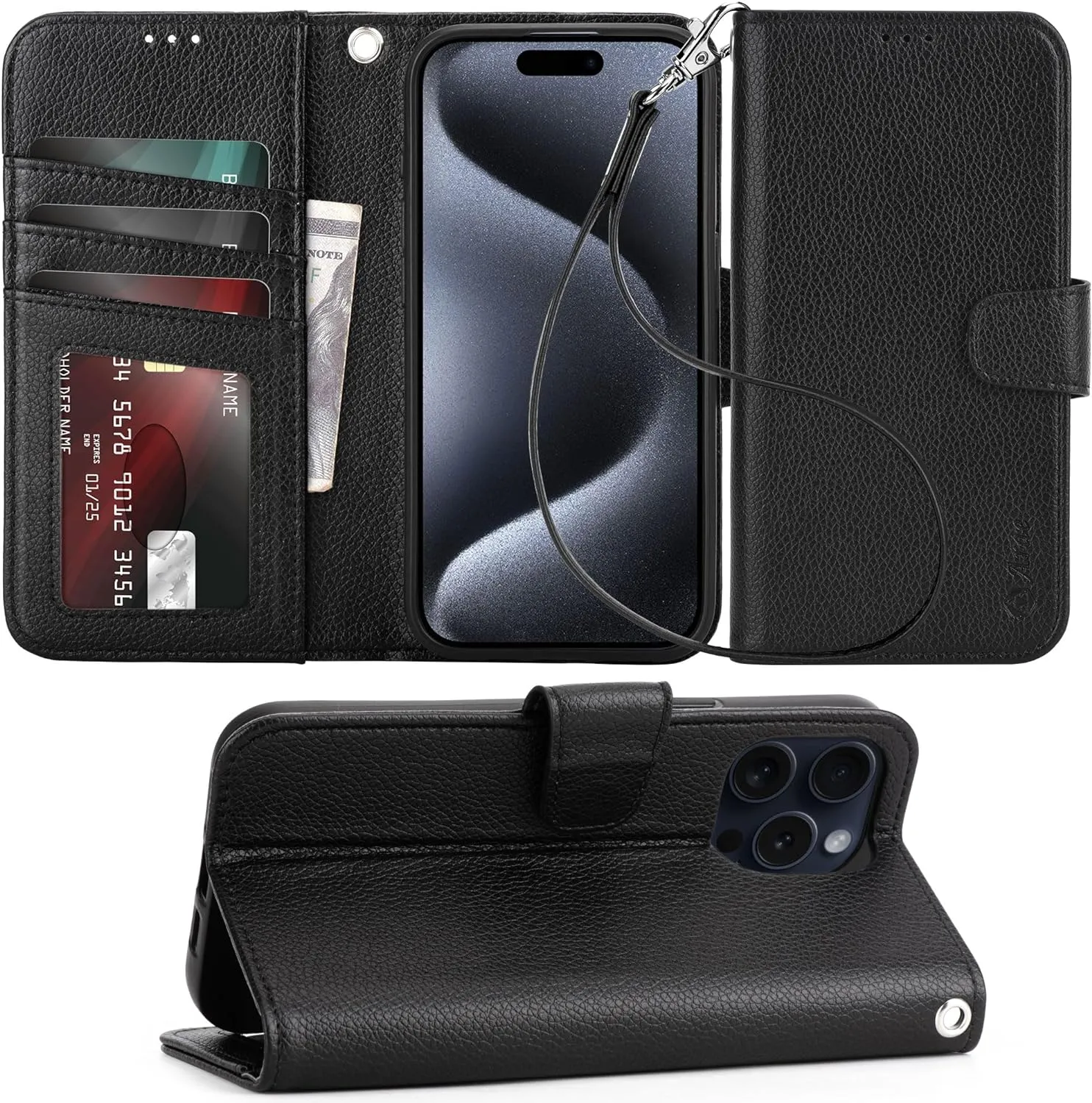 iPhone 16 Pro Max Case Card Holder Wrist Strap Wallet Flip Case