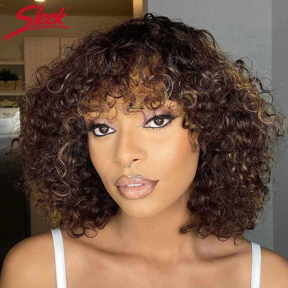 Jerry Curly Glueless Pixie Bob Cut Wig with Bangs: Honey Water Wave Blonde Colored Wigs