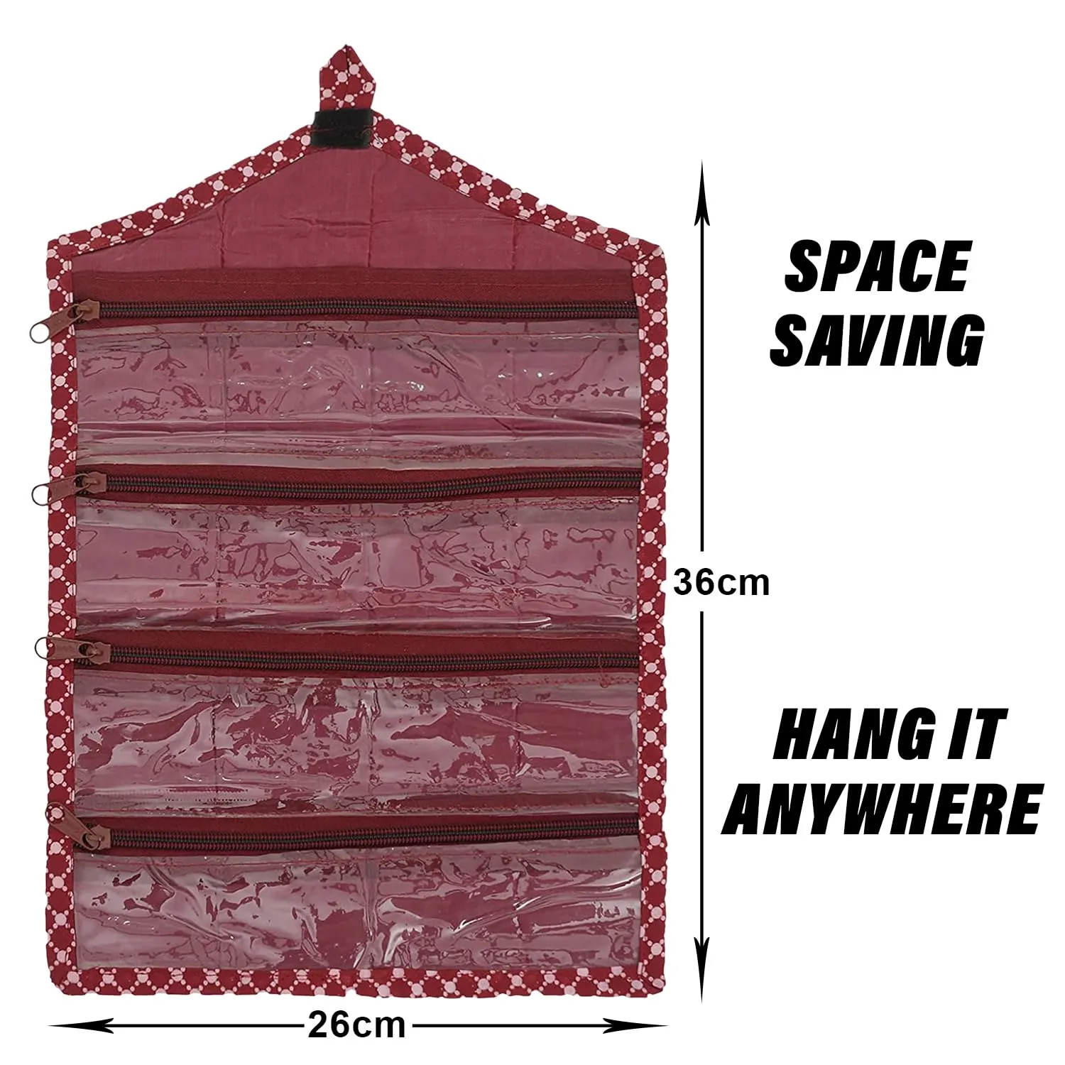 Kuber Industries Hanging Jewellery Organizer | Parachute Foldable Watches Organizer | Makeup Organizer | 4 Transparent Zipper Cosmetic Organizer | Maroon