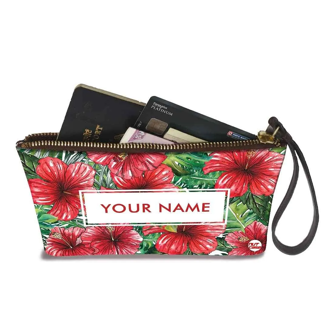 Ladies Hand Pouch - Red Hibiscus and Leaves