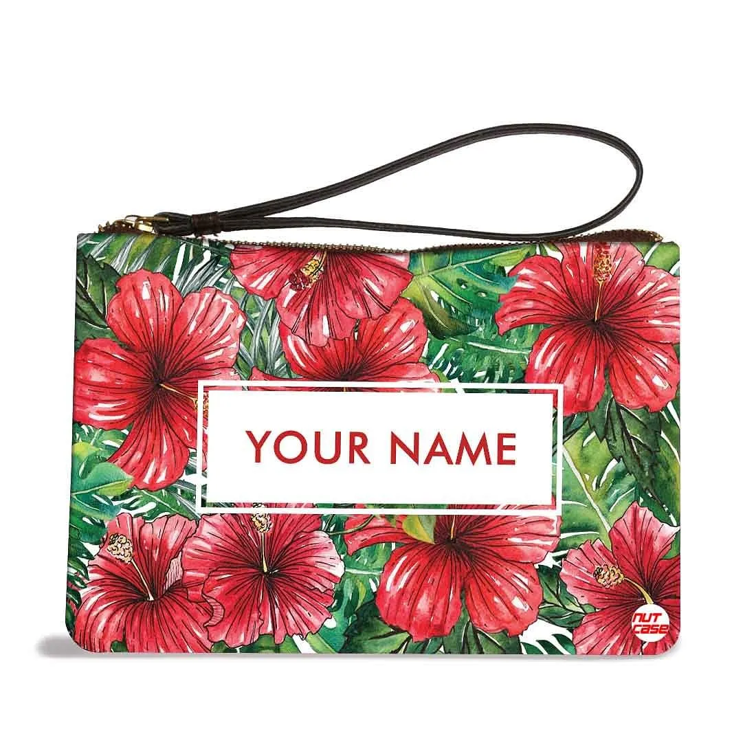 Ladies Hand Pouch - Red Hibiscus and Leaves