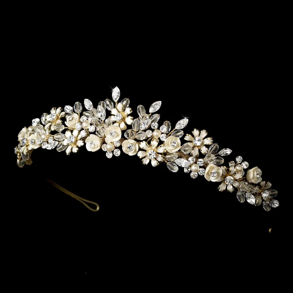 Light Pale-Gold Pink or Silver Ivory Floral Bridal Tiara