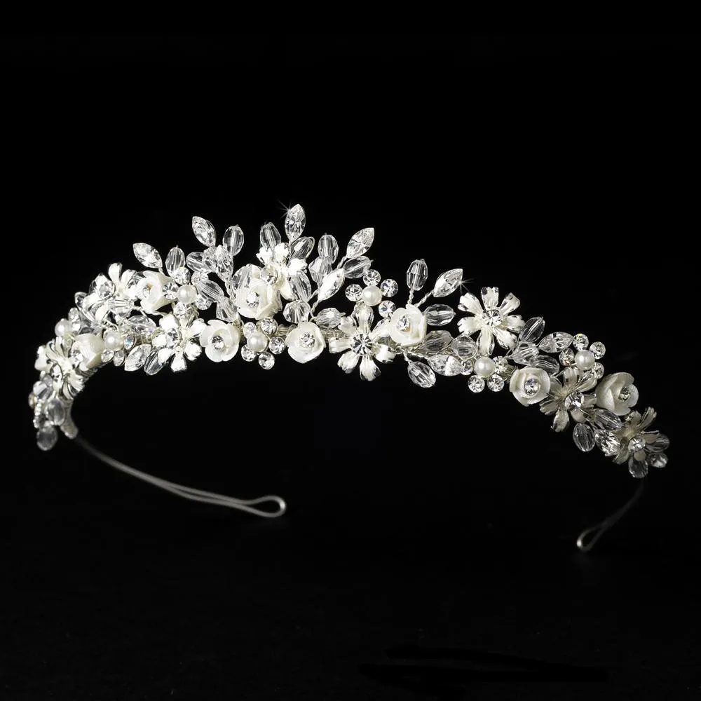 Light Pale-Gold Pink or Silver Ivory Floral Bridal Tiara