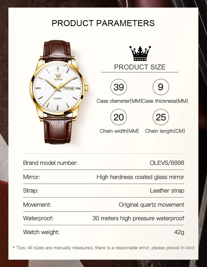 Mens Leather Watches Large White Dial Watches for Men Analog Quartz Watches Men Brown Leather Strap Watches Mens Day Date Watches Waterproof Watches for Men Calendar Watches Relojes Para Hombre