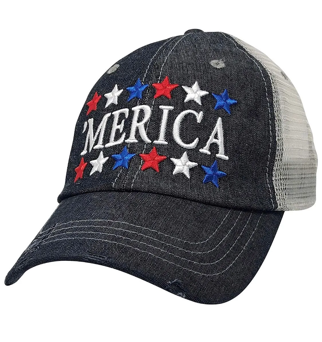 Merica America USA Star Distressed Trucker Hat