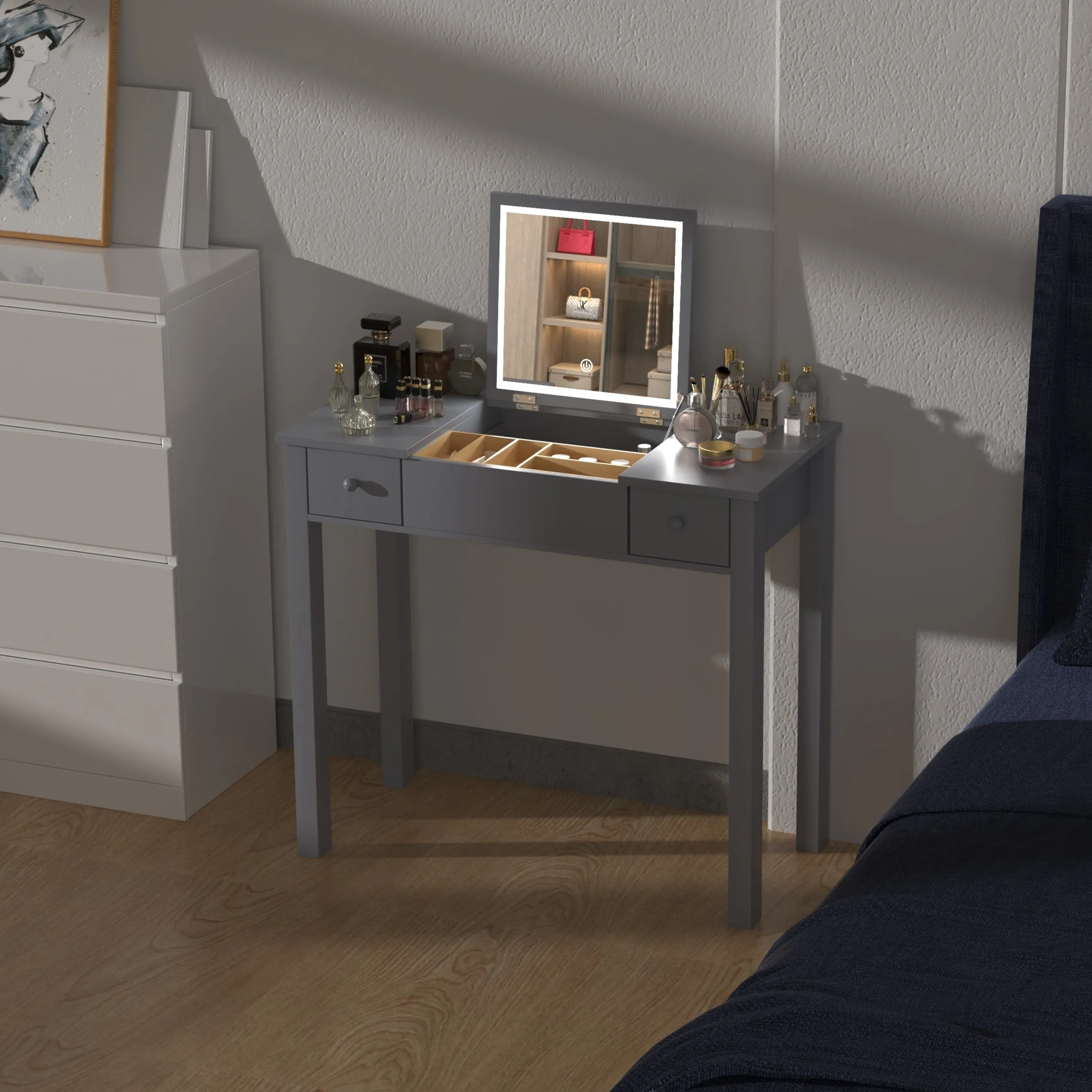 Mila Vanity Table with Flip-Top Mirror - Gray