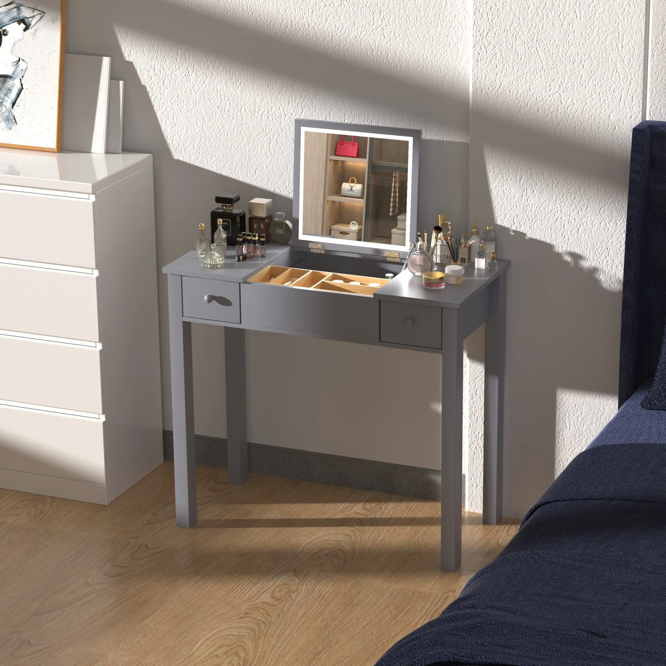 Mila Vanity Table with Flip-Top Mirror - Gray