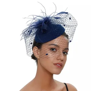 Pillbox Spot Veil and Feather Headband Fascinator - Navy