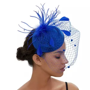 Pillbox Spot Veil and Feather Headband Fascinator - Royal Blue