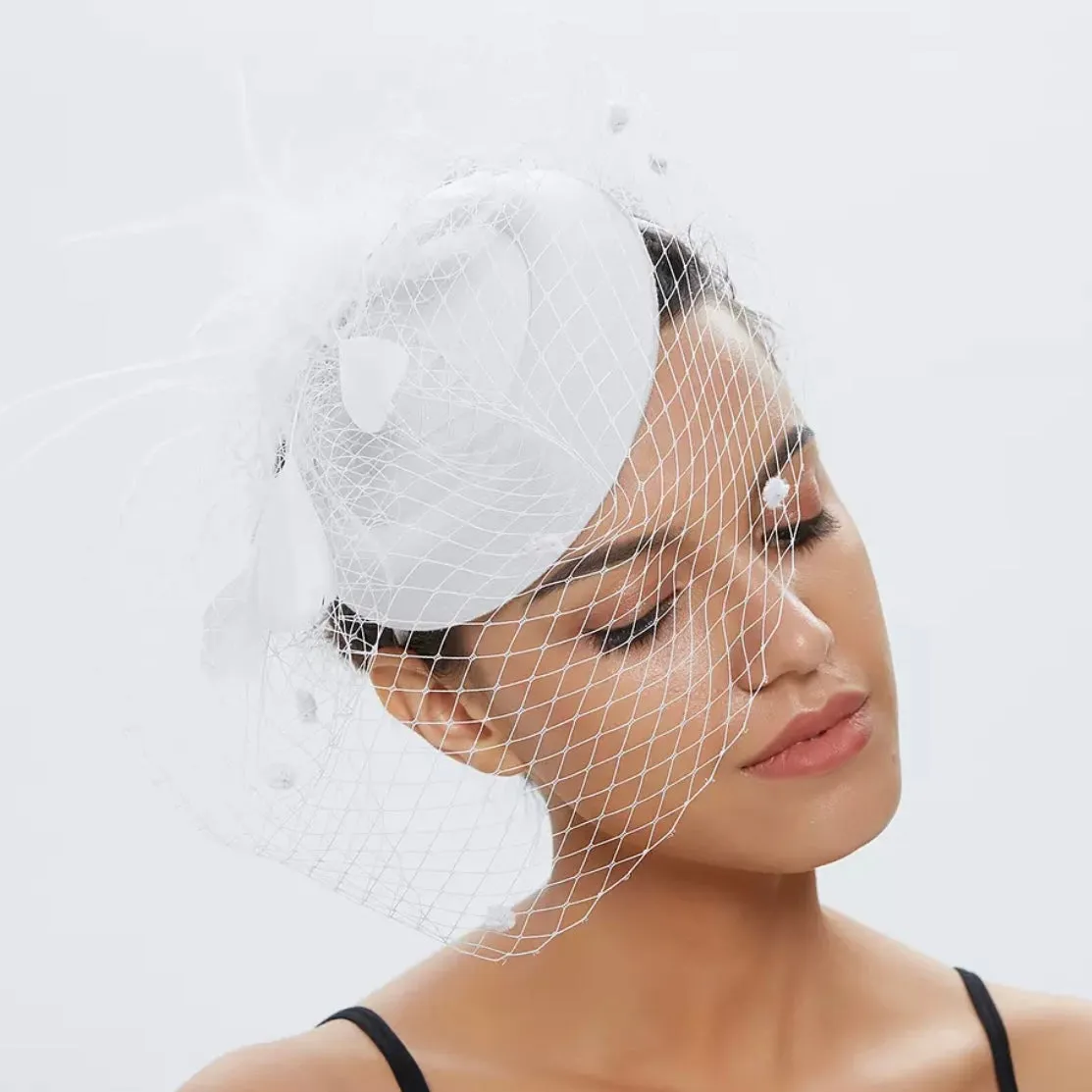 Pillbox Spot Veil and Feather Headband Fascinator - White