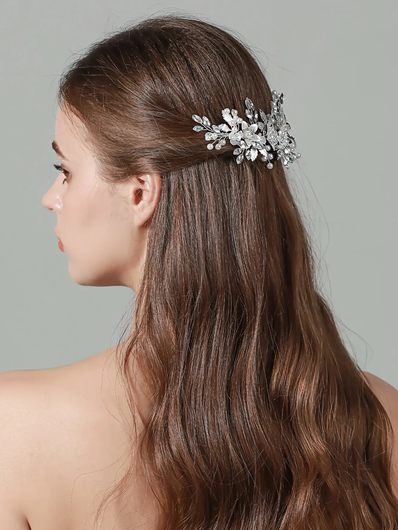 Rhinestone & Flower Decor Elegant Bridal Hair Comb For Wedding Tiaras