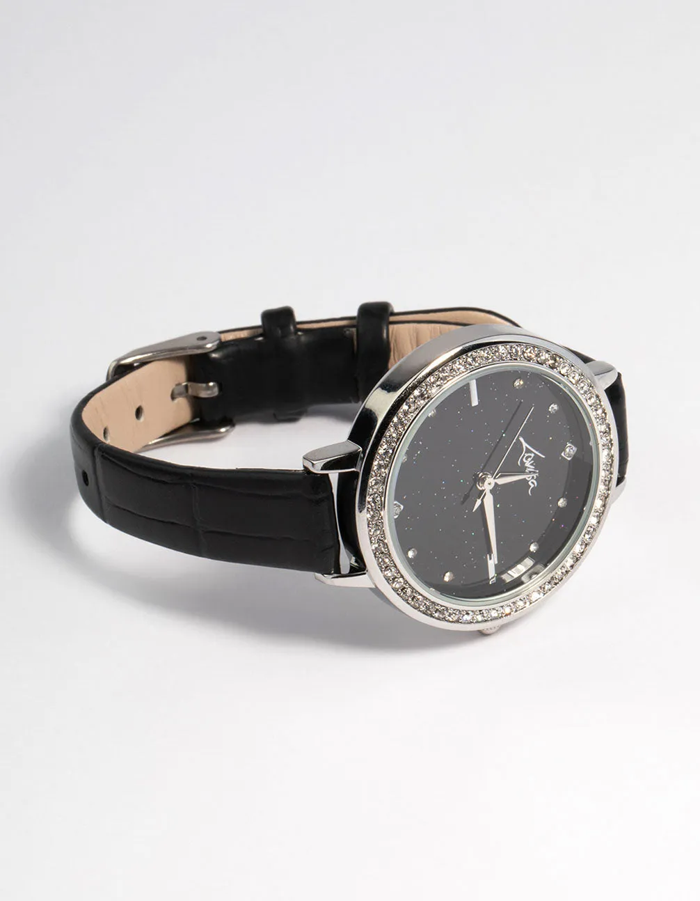 Rhodium Astrology Diamante Faux Leather Watch